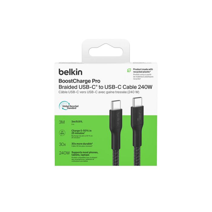 Кабель USB-C > USB-C зарядки/синхронизации Belkin 3м, 240Вт, Type-C, витой, черный