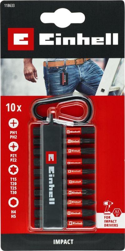 Биты Einhell 50мм битодержатель с карабином, PH, PZ, T, H набор 10шт