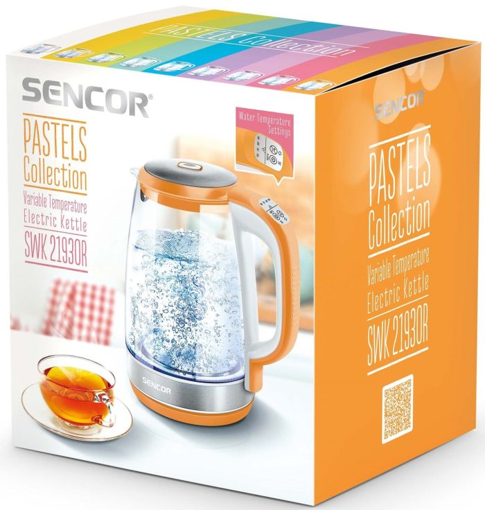 Електрочайник Sencor 2л, Strix, скло, 5 темп.реж, помаранчевий