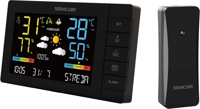 Метеостанция Sencor, внутр/наруж измерение, от сети/AAx3+AAx2, темп-ра, влажность, время, прогноз погоды, атмосферное давление, чёрный