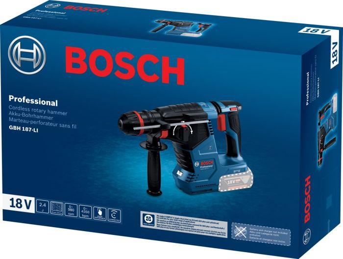 Перфоратор аккумуляторный Bosch GBH 187-LI, SDS-plus, 18В, 2.4Дж, 3 режима, 3кг, без АКБ и ЗП