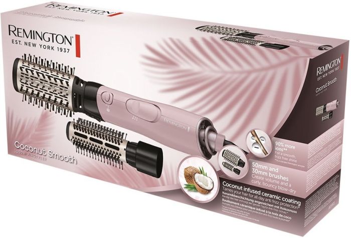Фен-щетка Remington Coconut Smooth, 1000Вт, режимов-2, ионизиция, хол. обдув, 2 насадки, черно-розовый