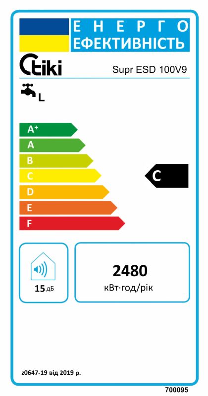 Водонагреватель TIKI SuperESD100V9 (OGBS100SMV9), 100 л, слим, сухой тэн, электр. упр-ние, EcoSmart, C, 700095