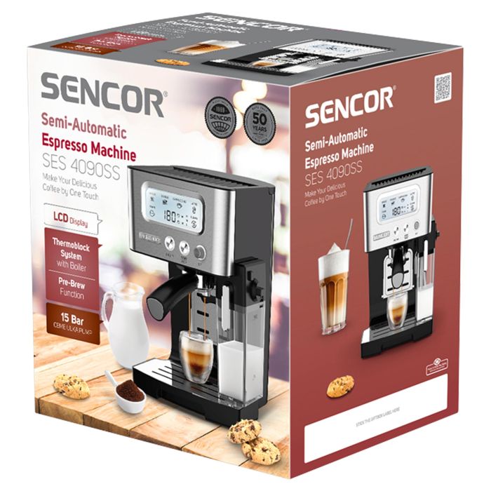 Кавоварка Sencor ріжкова 1.4л, мелена, автоматичний капучинатор, LCD-дисплей, нерж. сталь-чорний
