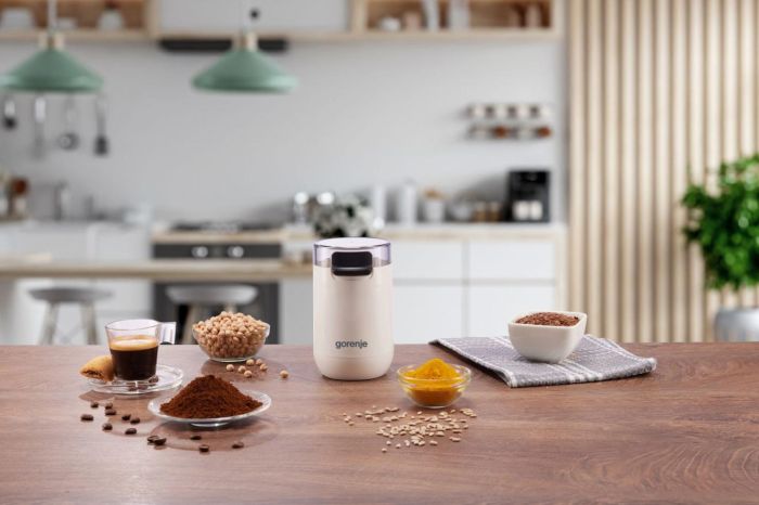 Кофемолка Gorenje роторная 150Вт, объем зерен-45г, 3 степени помола, пластик/металл, белый
