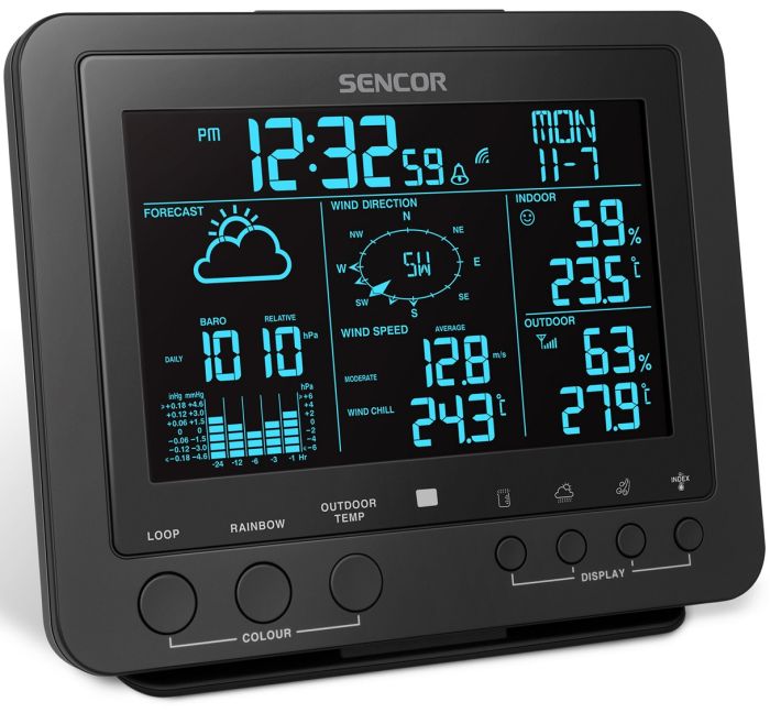 Метеостанція Sencor, внутр/зовн вимірювання, від мережі/CR2032x1+AAx3, темп-ра, вологість, час, прогноз погоди, атмосферний тиск, шв. вітру, чорний