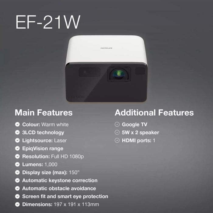 Проєктор Epson EF-21W FHD, 1000 lm, LASER, 1, Google TV, Diamond White