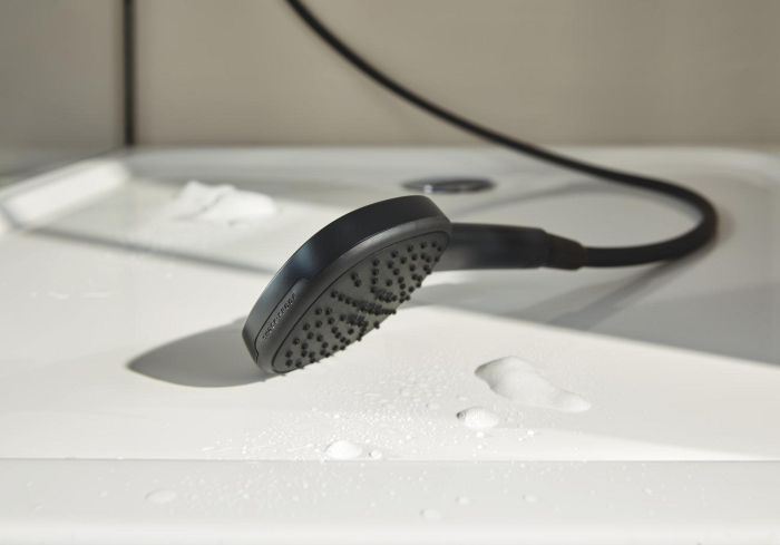 Душова система Grohe QuickFix Vitalio Comfort 250 зі змішувачем-термостатом для ванни, довж. виливу - 169мм, верхній душ, лійка, кріпл. - на стійці, матовий чорний