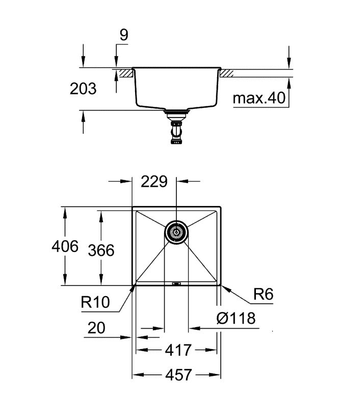 Мийка кухонна Grohe K700U, граніт, прямокут., без крила, 457x406x203мм, чаша - 1, врізна/під стільницю, сірий граніт
