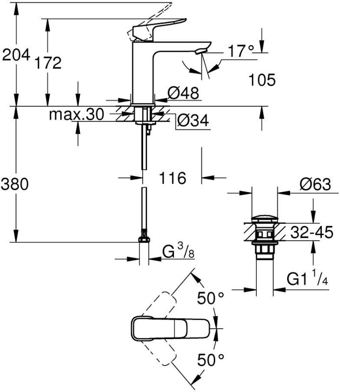 Grohe QuickFix Dice Black sink mixer M-size, spout length - 116mm, non-return, 1 lever, matte black