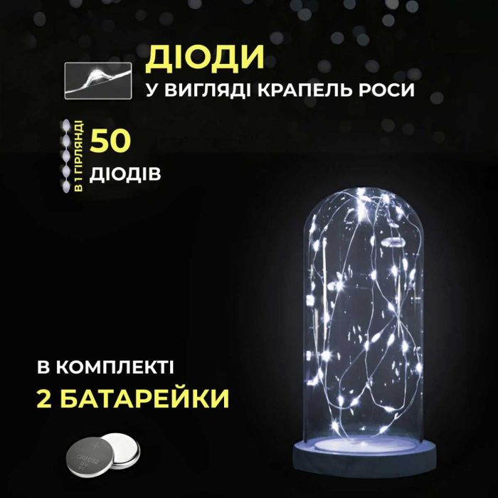 Світлодіодна гірлянда Роса 5 метрів на батарейках 50 led нитка на зеленому дроті біла 50L5MGW