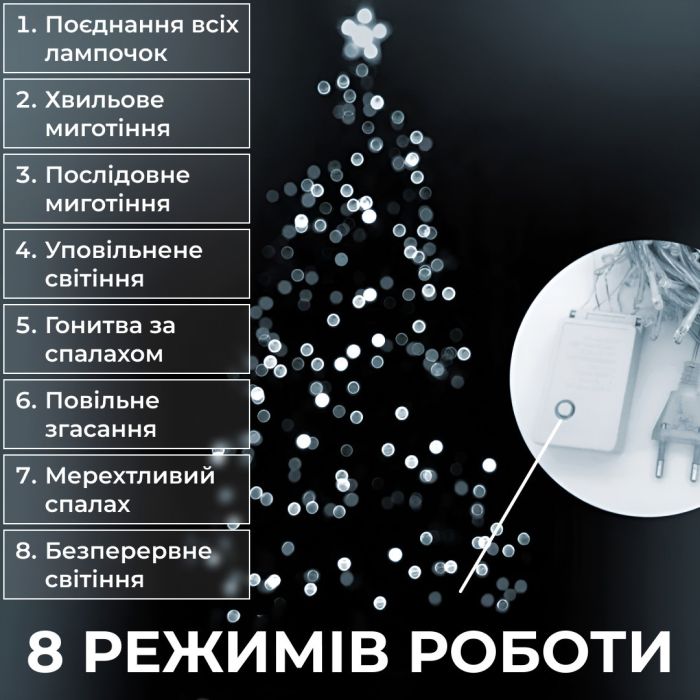 Гірлянда нитка світлодіодна GarlandoPro 50 LED 6м 8 режимов гірлянда новорічна Білий W100LEDW
