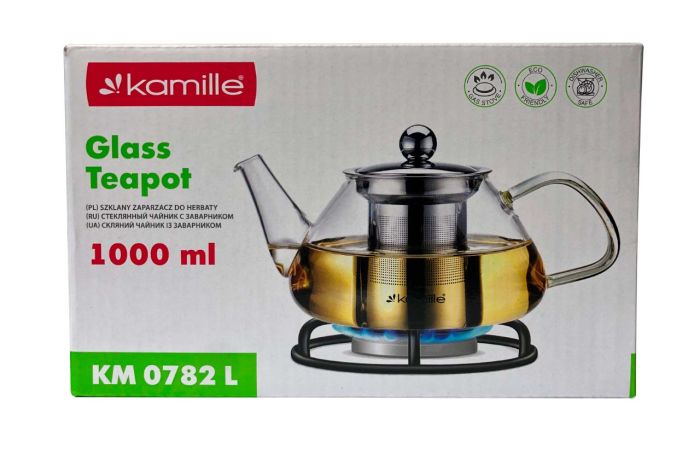 Чайник скляний вогнетривкий Kamille 1000мл із заварником (0782L)