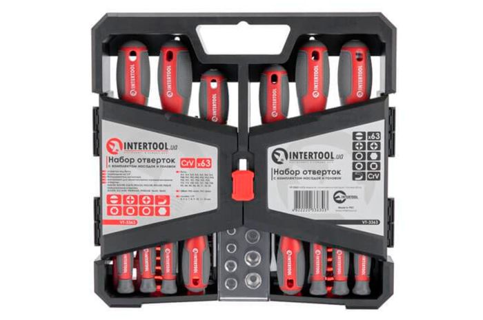 Набір викруток Intertool – PH x SL x T з бітами та головками 63 од. (VT-3363)