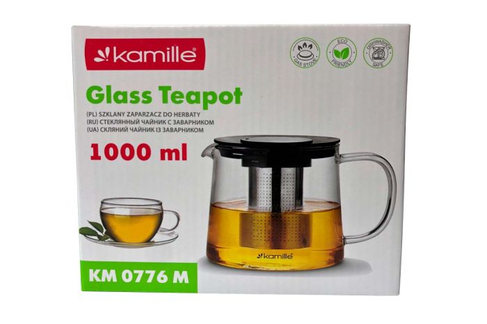 Чайник скляний вогнетривкий Kamille 1000мл із заварником (0776M)