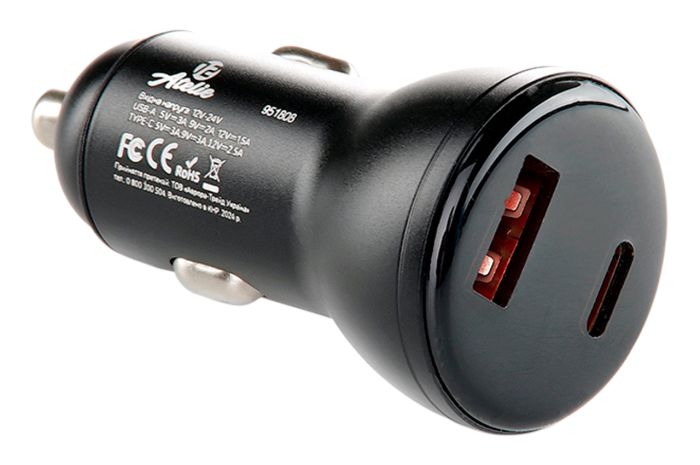 Автомобильное зарядное устройство 12 Atelie USB/Tipe-C x 5V x 3A черный (951808)