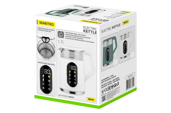 Електрочайник скляний Maestro 1.7л LED білий (MR-023-WHITE)