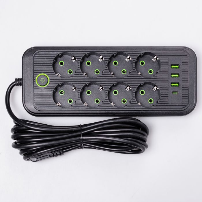 Мережевий фільтр подовжувач на 8 розеток з 3 USB 1 Type-C та кнопкою відключення F20U  2.8 м Чорний HP-5-28